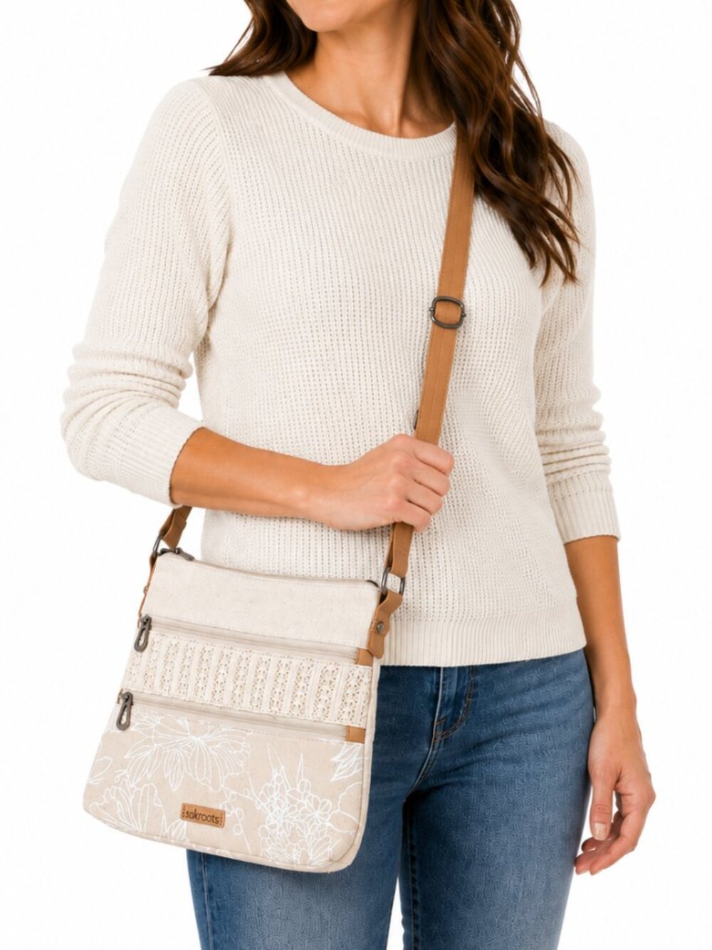 SAKROOTS Artist Circle Basic Crossbody Bag Purse Cream Tan Canvas Boho The Sak
